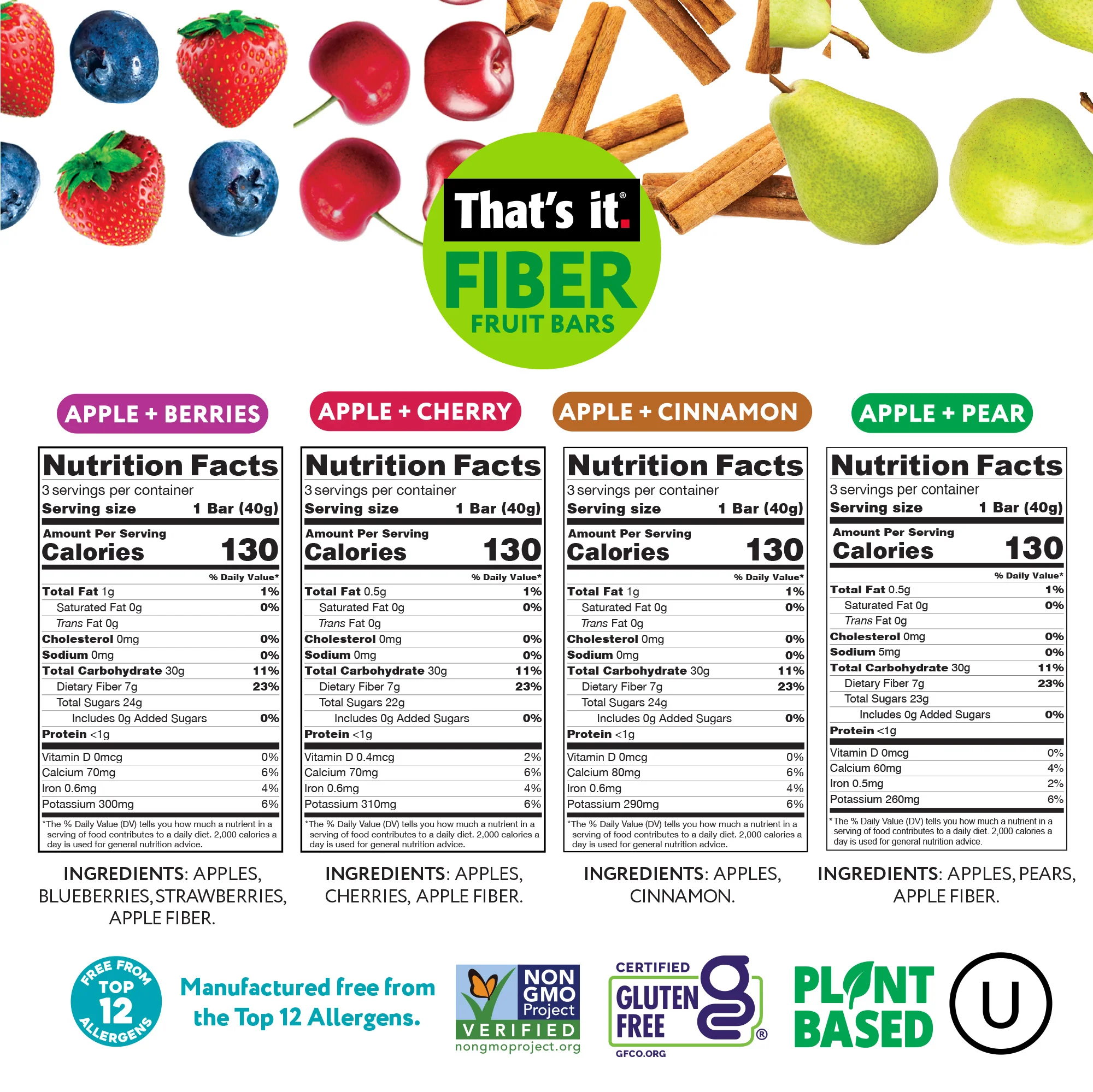Fiber Fruit Bar Variety Pack - Berries, Cherry, Pear & Cinnamon (12 Bars) - Image 3